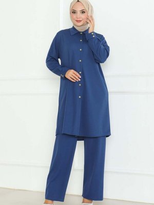 İndigo Büyük Beden Gömlekli İkili Takım İndigo Büyük Beden Gömlekli İkili Takım