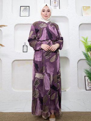 Mor Desenli Elbise Mor Desenli Elbise