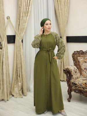 Haki Bej Papatya Süzene Nakışlı Reglan Kol Ferace Haki Bej Papatya Süzene Nakışlı Reglan Kol Ferace