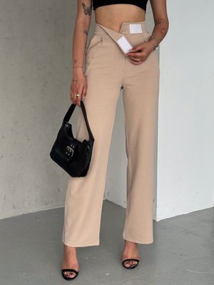 Krem Cırtlı Crep Kumaş Palazzo Pantolon