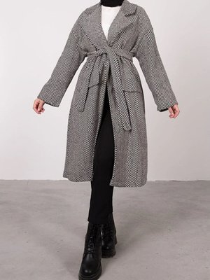 Ekru İnce Kılçık Çizgili Ceket Yaka Kaşe Kaban