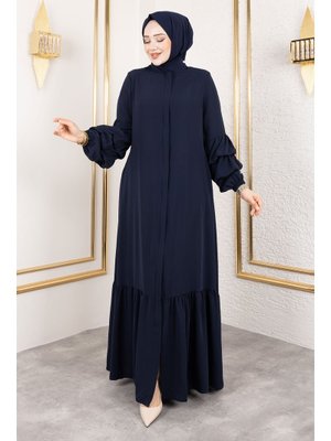 Lacivert Çift Balon Kol Detaylı Eteği Volanlı Ferace