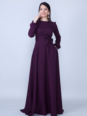 Mürdüm Uzun Yuvarlak Yaka Kol Dokuma Kumaş Beli Büzgülü Kuşaklı Cepli Maksi & Abiye Elbise Mürdüm Uzun Yuvarlak Yaka Kol Dokuma Kumaş Beli Büzgülü Kuşaklı Cepli Maksi & Abiye Elbise