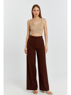 Kahverengi Palazzo Geniş Paça Dokuma Kumaş Pantolon