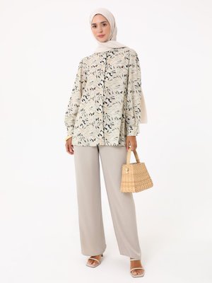 Krem Çiçek Baskılı Vual Tunik
