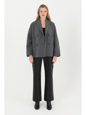 31967kbn Kruvaze Yaka Düğmeli Oversize Kaşe Kaban