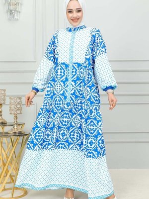 Bebek Mavisi Etnik Desenli Elbise