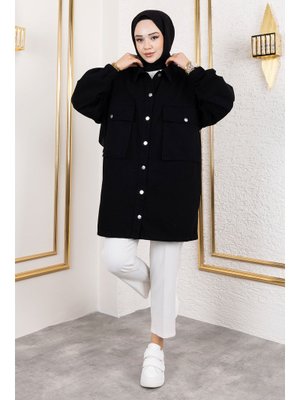 Siyah Körüklü Cepli Oversize Kot Ceket