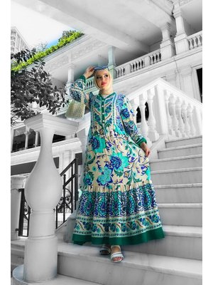 Yeşil Alaçatı Viskon Desenli Elbise