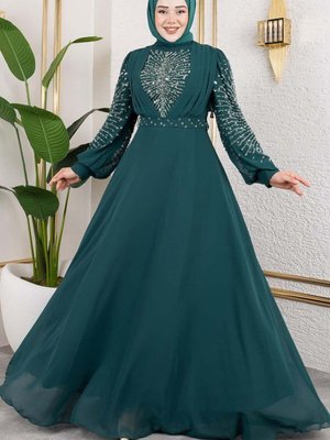 Zümrüt Yeşili Taş İşlemeli Şifon Abiye Elbise Zümrüt Yeşili Taş İşlemeli Şifon Abiye Elbise