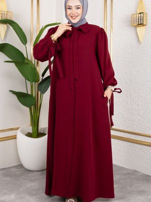 Bordo Manşeti Bağcıklı Elbise Ferace Bordo Manşeti Bağcıklı Elbise Ferace
