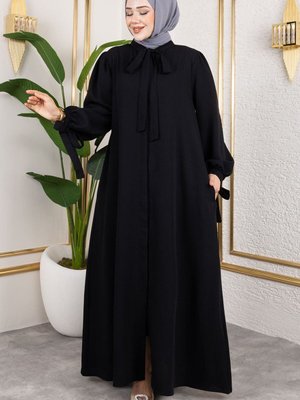 Siyah Manşeti Bağcıklı Elbise Ferace