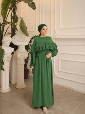 Fıstık Yeşili Çift Fırfırlı Salaş Elbise