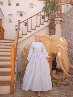 Mavi Belden Bağlamalı Çingene Model Müslin Elbise