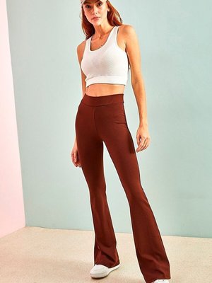 Kahverengi Fitilli Ispanyol Paça Yüksek Bel Tayt Pantolon Kahverengi Fitilli Ispanyol Paça Yüksek Bel Tayt Pantolon