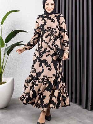 Vizon Eteği Volanlı Desenli Elbise