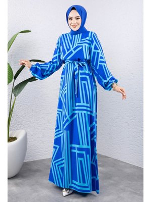 Mavi Çizgi Desenli Viskon Elbise