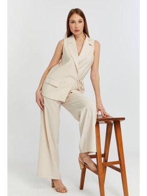 Bej Geniş Paça Dokuma Pantolon