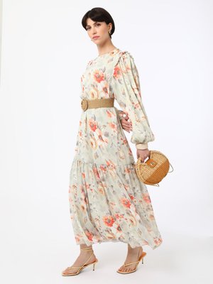 Turuncu Fırfır Detaylı Çiçekli Şifon Elbise