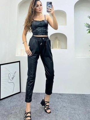 Siyah Içi Yünlü Şardon Kaplı Beli Lastikli Yüksek Belli Deri Pantolon