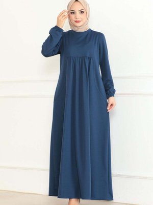 İndigo Önden Büzgülü Rahat Elbise