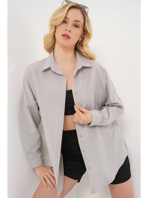A.gri Oversize Uzun Basic Gömlek A.gri Oversize Uzun Basic Gömlek