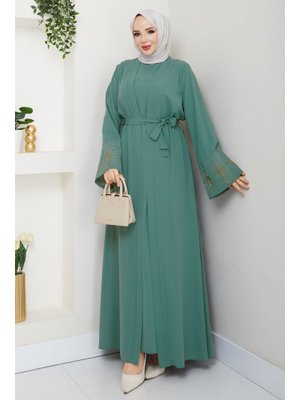 Mint Yeşili Nakışlı İç Elbiseli Abaya Takım