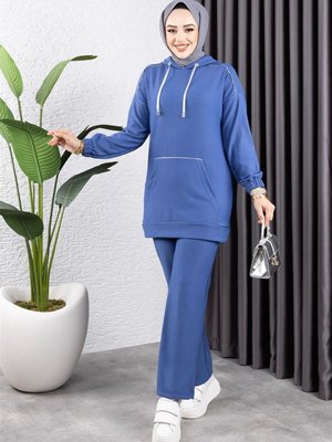 İndigo Biyeli Kapüşonlu Spor İkili Takım