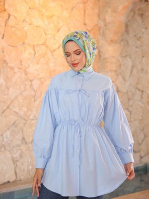 Mavi Beli Büzgülü Bağlamalı Tunik Mavi Beli Büzgülü Bağlamalı Tunik