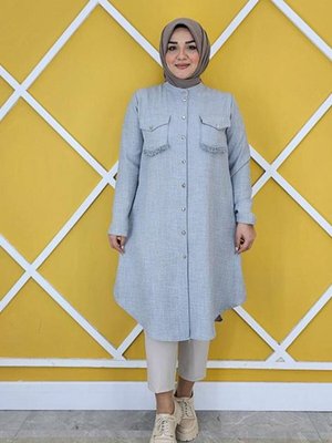 Gri Cepleri Mini Püskül Detaylı Keten Gömlek Gri Cepleri Mini Püskül Detaylı Keten Gömlek
