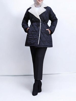 Siyah Beli Lastikli Peluş Detaylı Kapitone Mont