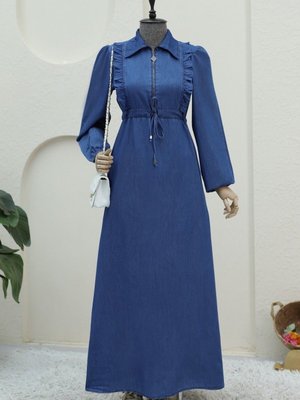 İndigo Yarım Fermuarlı Tünel Bağcıklı Kot Elbise İndigo Yarım Fermuarlı Tünel Bağcıklı Kot Elbise