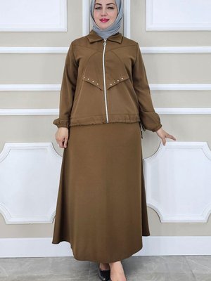 Kahverengi Aller Dikim Taş Detaylı İkili Takım