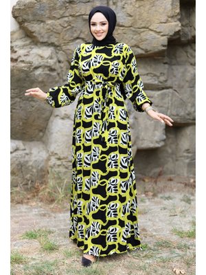 Blok Desenli Beli Kuşaklı Viskon Elbise Yağ Yeşili