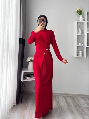 Kırmızı Sandy Kumaş Düğmeli X Nms046 Elbise Kırmızı Sandy Kumaş Düğmeli X Nms046 Elbise