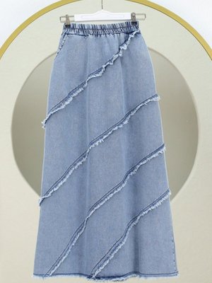 Buz Mavi Uzun Püskül Detaylı Beli Lastikli Kot Etek