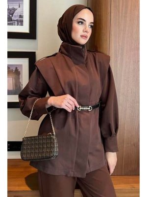 Kahverengi Omzu Apoletli Pensli Trenç