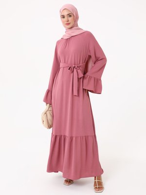 Koyu Gül Kolları Volan Detaylı Kuşaklı Elbise Koyu Gül Kolları Volan Detaylı Kuşaklı Elbise