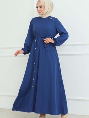 İndigo Omuz Detaylı Düğmeli Elbise