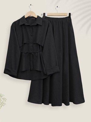 Siyah Top Düğmeli Kemerli Etekli Ayrobin İkili Takım