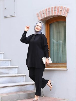 Siyah Modal Kumaş Gömlek Pantolon Alt Üst Owersize İkili Takım