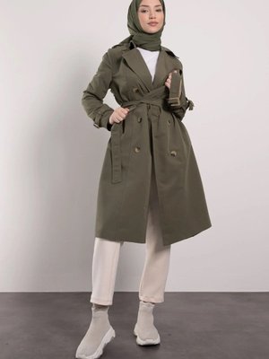 Haki İki Renk Düğme Detaylı Klasik Trençkot