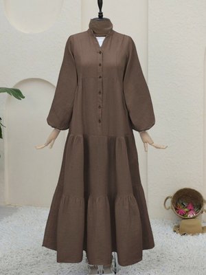 Kahve Yarım Düğmeli Parçalı Müslin Elbise Kahve Yarım Düğmeli Parçalı Müslin Elbise