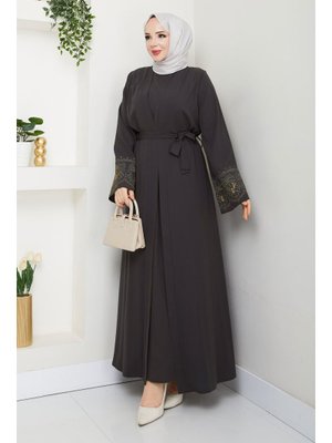 Antrasit Nakışlı İç Elbiseli Abaya Takım