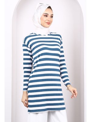 Petrol Mavisi Çizgili Uzun Kol Tunik Petrol Mavisi Çizgili Uzun Kol Tunik