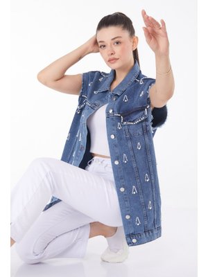 Koyu Mavi Taşlı Kot Yelek