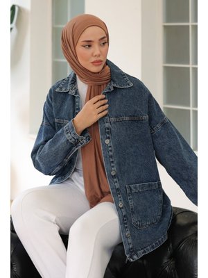 Koyu Mavi Kar Yıkama Çift Cepli Düğmeli Kot Ceket