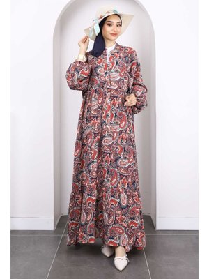 Bordo Yarım Düğmeli Eteği Katlı Elbise Bordo Yarım Düğmeli Eteği Katlı Elbise