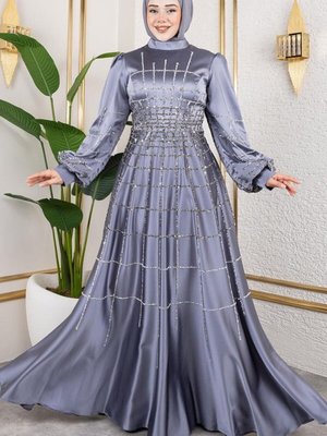 Gümüş Kafes Model Saten Abiye Elbise Gümüş Kafes Model Saten Abiye Elbise