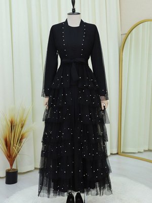 Siyah Eteği Katlı Serpme İncili Tül Abaya Takım